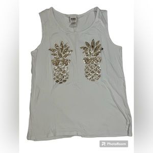Pink Victorias Secret Womens Tank Top Tshirt White Pineapple Sparkle